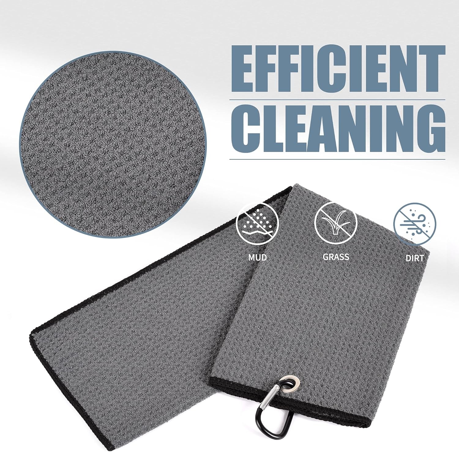 Tri-Fold Golf Towel | 16" X 24" | Premium Microfiber Fabric | Waffle Pattern | with Heavy Duty Carabiner Clip | for Men and Women (Dark Gray)