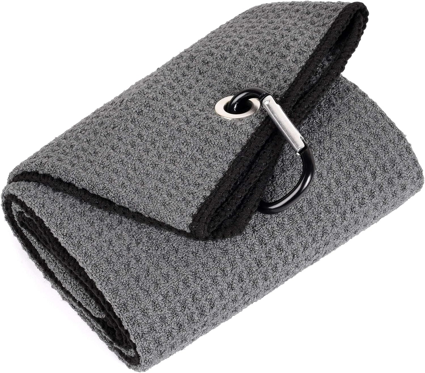 Tri-Fold Golf Towel | 16" X 24" | Premium Microfiber Fabric | Waffle Pattern | with Heavy Duty Carabiner Clip | for Men and Women (Dark Gray)